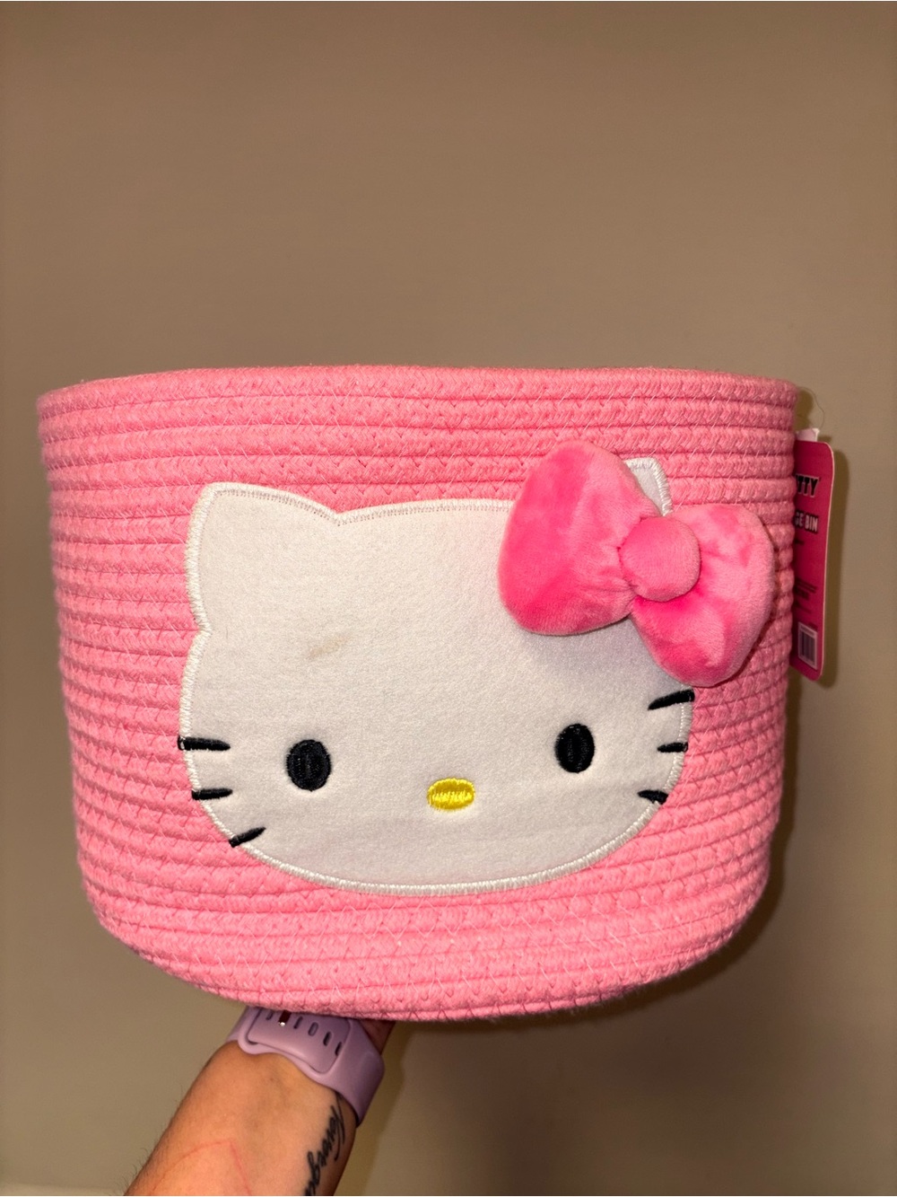 Hello Kitty Pink Rope Storage Bin with Plush Face and Bow